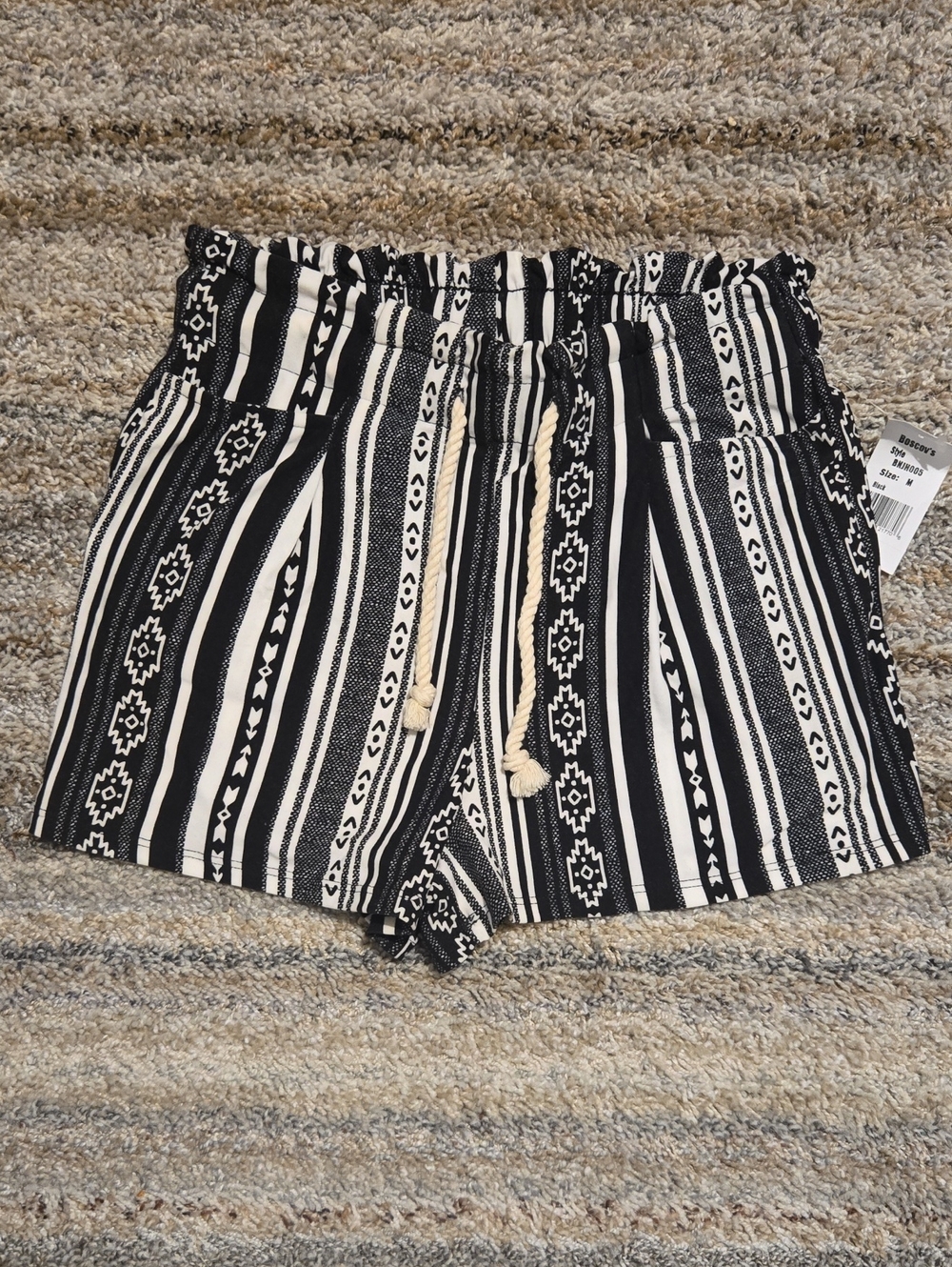 Derek Heart Black & White Striped High-Waist Drawstring Shorts